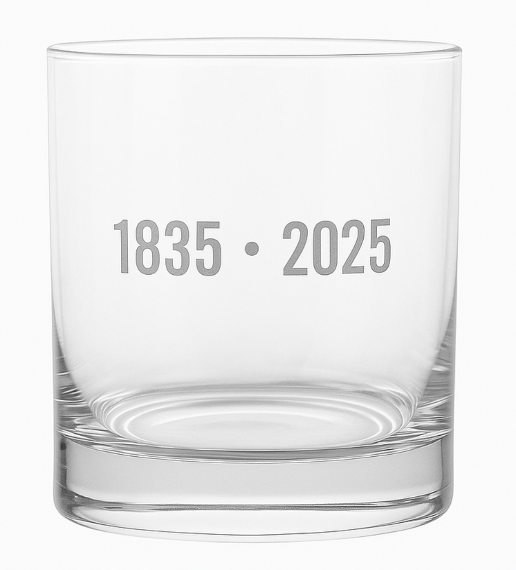 Clear rocks glass engraved with Old Terrell logo and '1835 • 2025'.